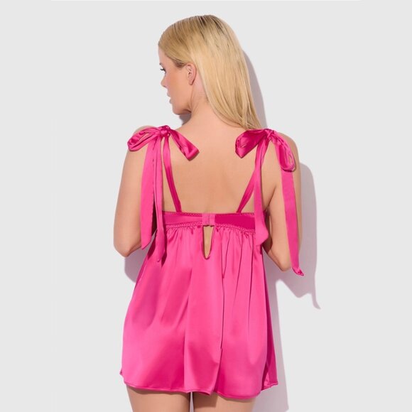 House of Desire Brigeta Pink Satin Open Cup Babydoll and G-String Lingerie Set - Picture 7 of 7